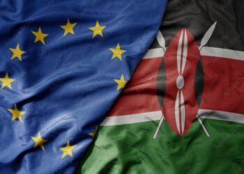 big waving realistic national colorful flag of european union and national flag of kenya .