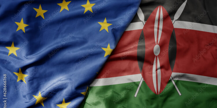 big waving realistic national colorful flag of european union and national flag of kenya .